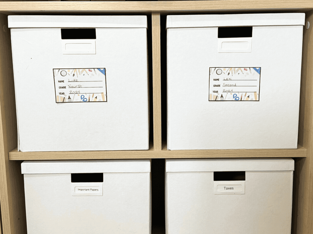 File boxes containing Luke and Lexi's artwork.