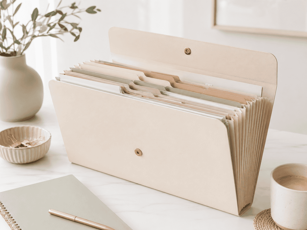 A file folder containing several files and a notebook and pen on a desk.