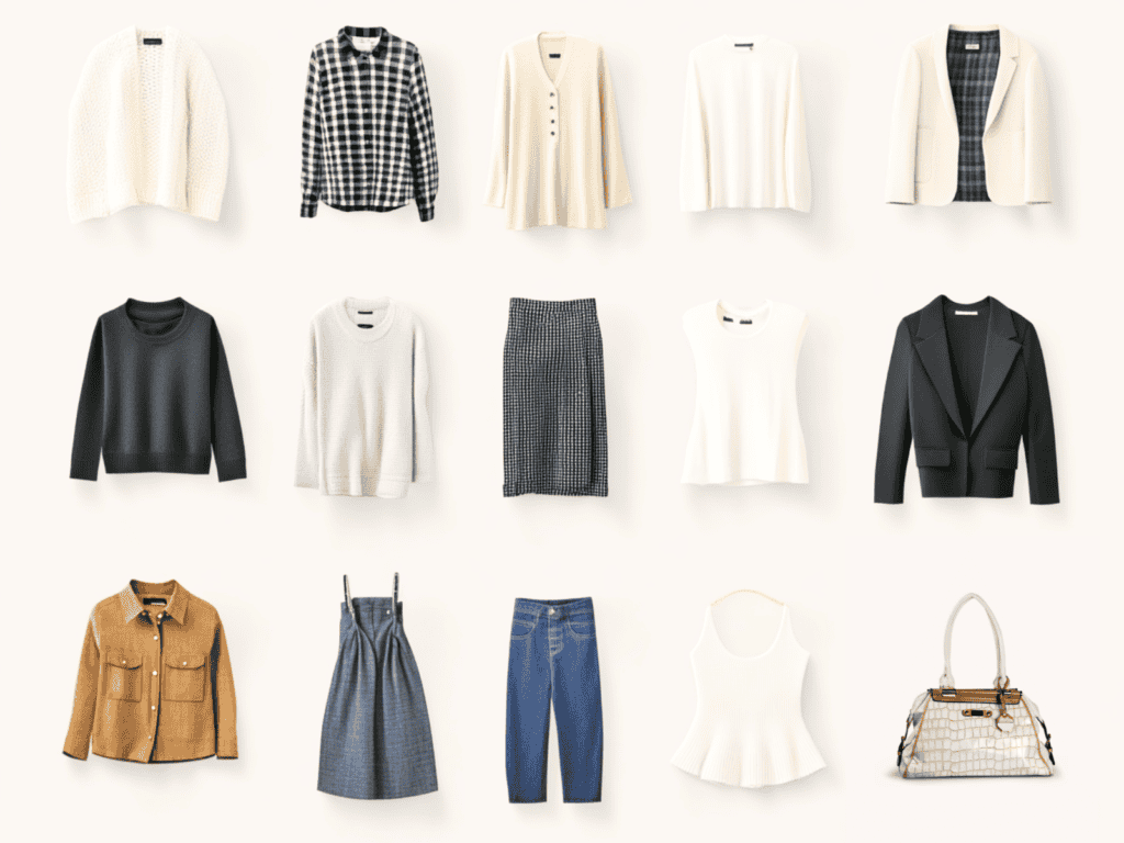 A flatlay of a capsule wardrobe consisting of tops, bottoms, and accessories.