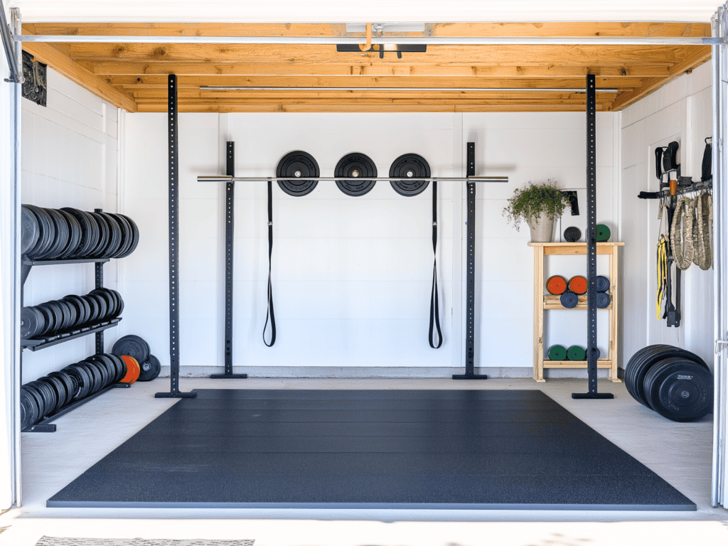 A home gym in a garage with a big mat on the floor