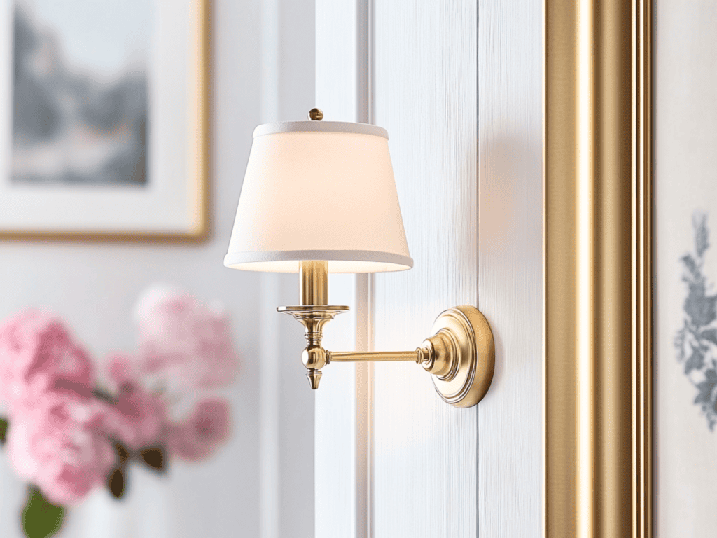 Gold wall sconce with pink flowers in background