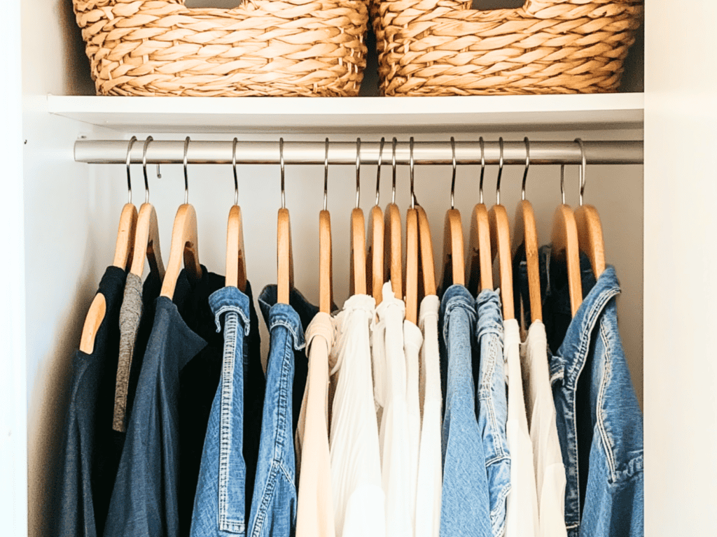 Clothes hanging in a closet with baskets on a shelf above them