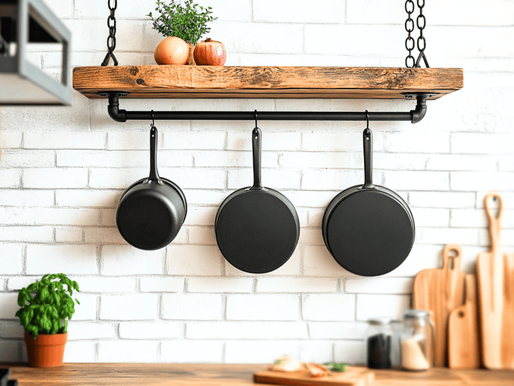 Three black pans hanging on a wooden pot rack in a kitchen