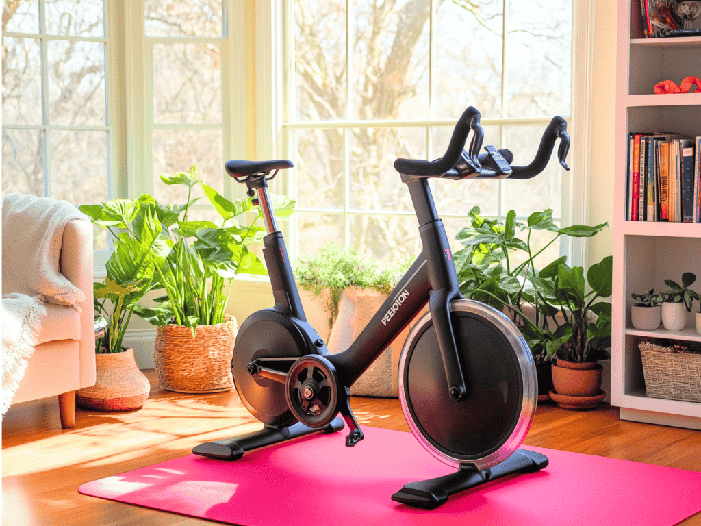 Exercise bike on a mat in a living room