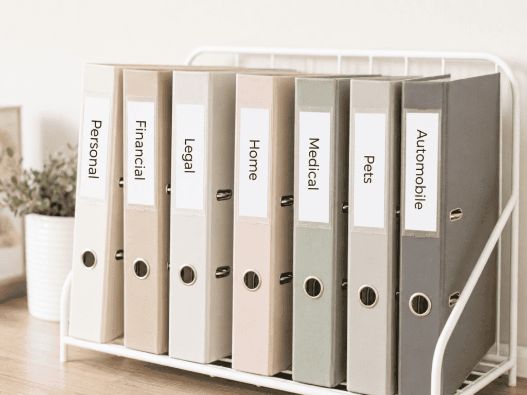 Seven files on a desk and each one is labeled.