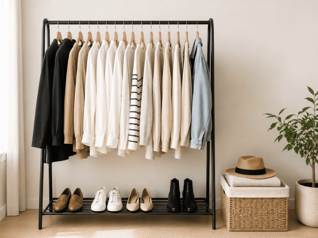 Minimalist clothing rack with neutral clothes on wooden hangers, neatly arranged shoes below, and a woven storage box beside it.