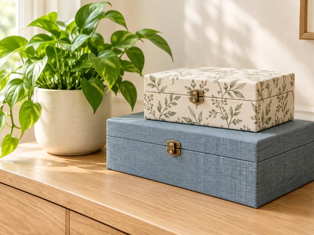 Two decorative keepsake boxes stacked on a wooden table beside a leafy green plant.