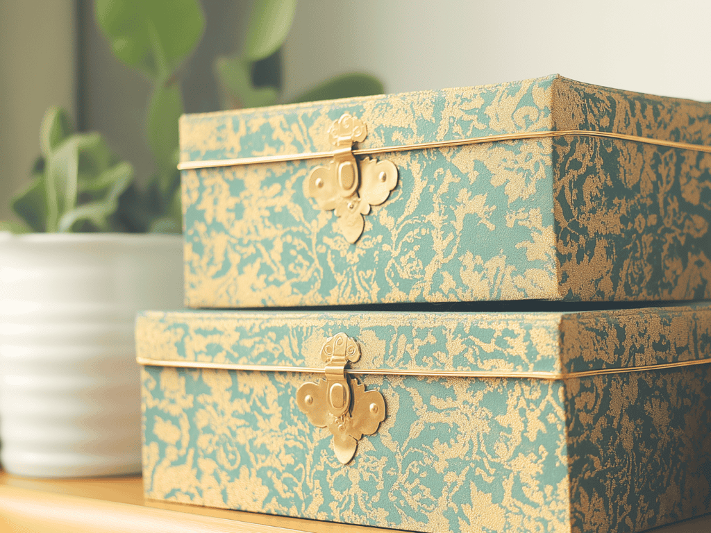 Two decorative boxes stacked on a table beside a house plant.