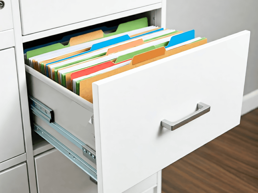 The drawer of a white filing cabinet is open and multi colored files are inside