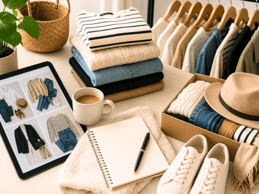 Neutral capsule wardrobe with folded clothes, clothing rack, tablet displaying outfit ideas, notebook, coffee mug, and white sneakers on a clean, organized surface.
