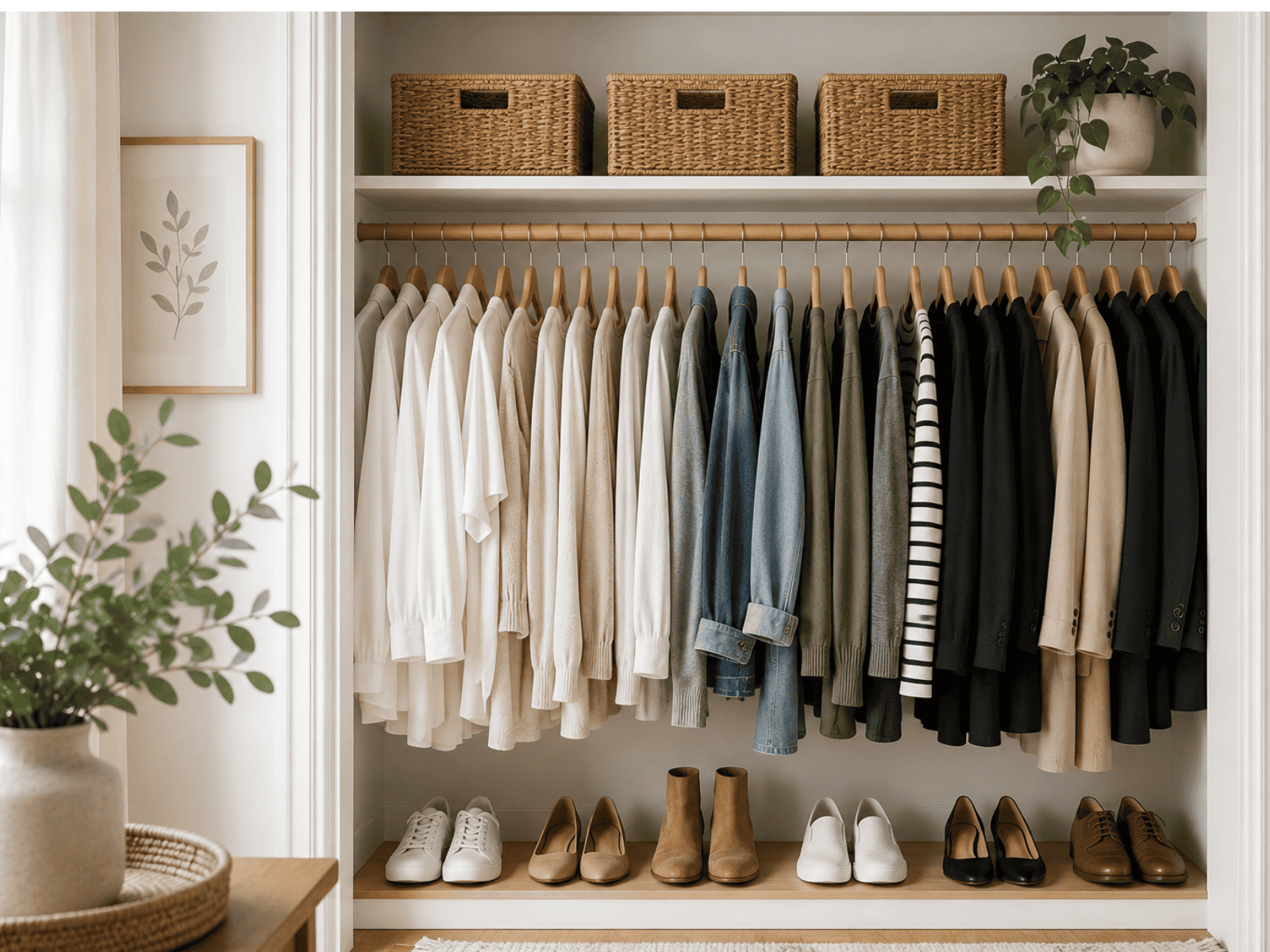 Organized minimalist closet with neutral clothing on wooden hangers, woven storage baskets, houseplants, and neatly arranged shoes on a lower shelf.