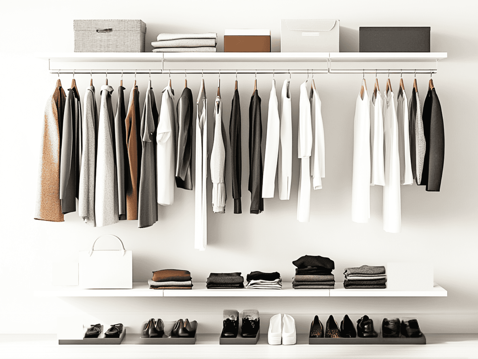 A minimalist closet with clothes hanging on hangers, and folded on shelves. Shoes on shelves.