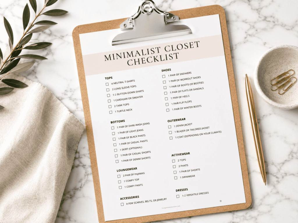 Minimalist closet checklist displayed on a cork clipboard with a gold pen, linen fabric, greenery, and paper clips on a white marble surface.