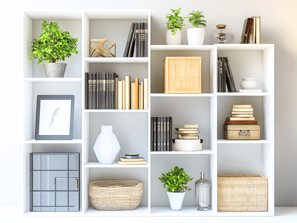 White modular shelves with decorative items