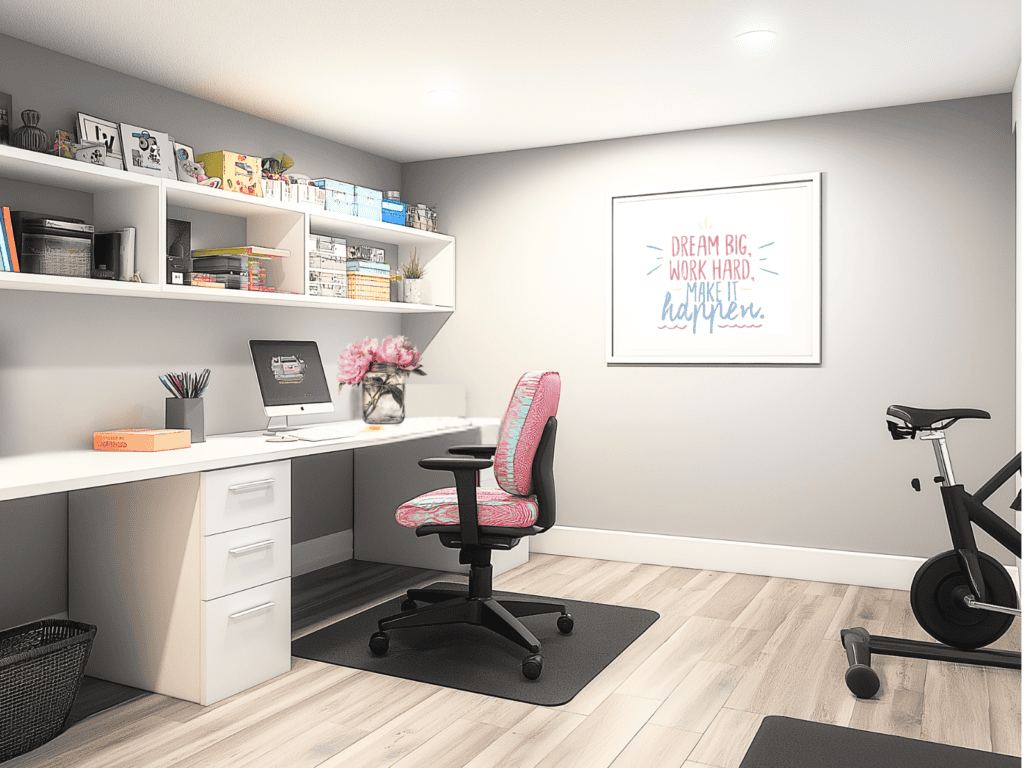 A home office with a stationary bike to the side