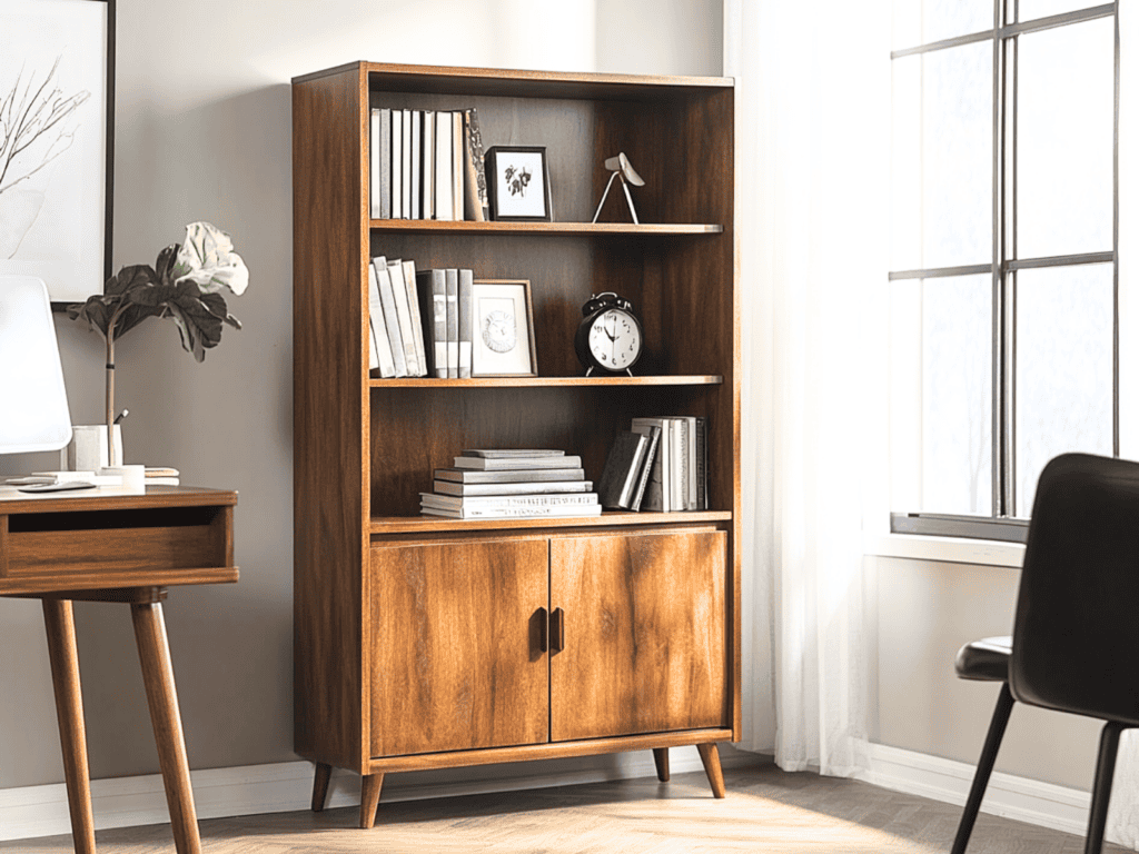 A narrow wooden bookcase in a home office by a window