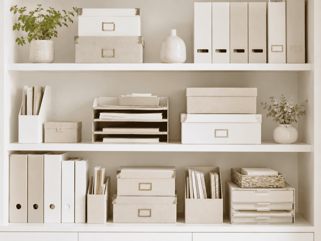A bookshelf with three shelves and various boxes of organized papers.