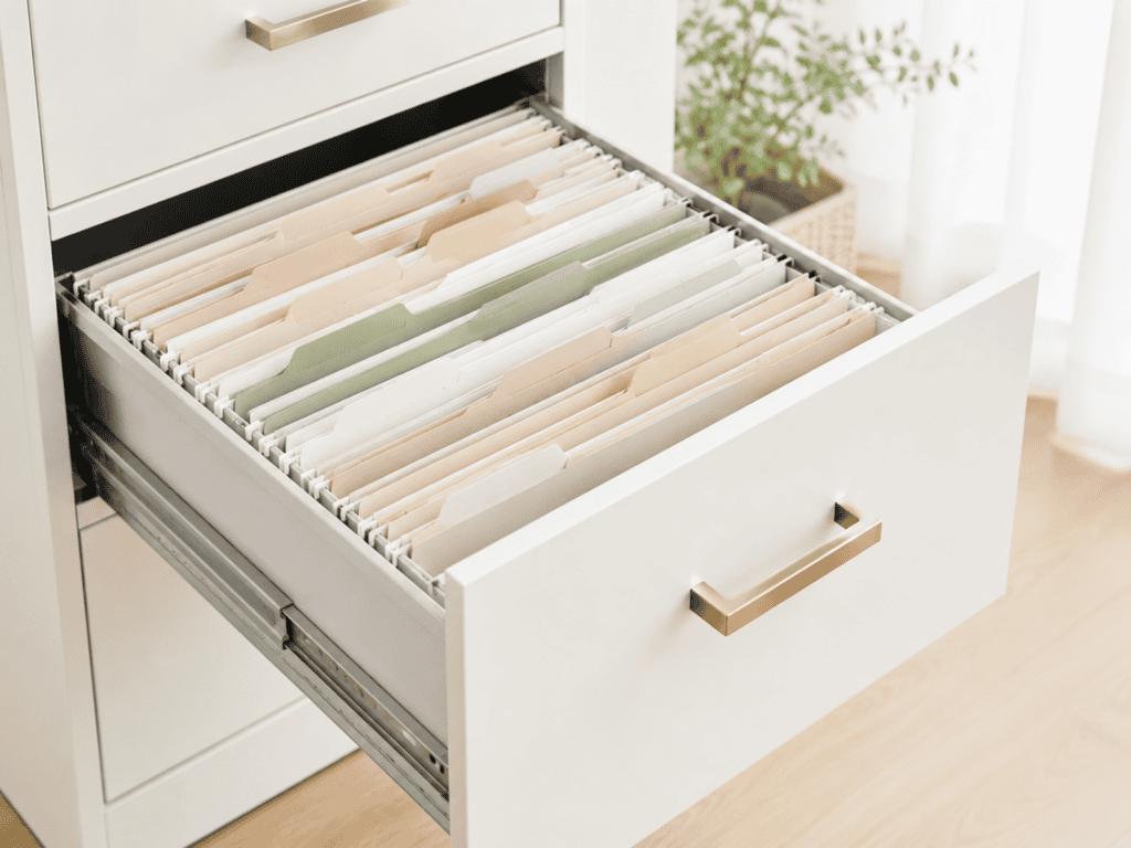 A filing cabinet with the middle drawer open and it is full of files.