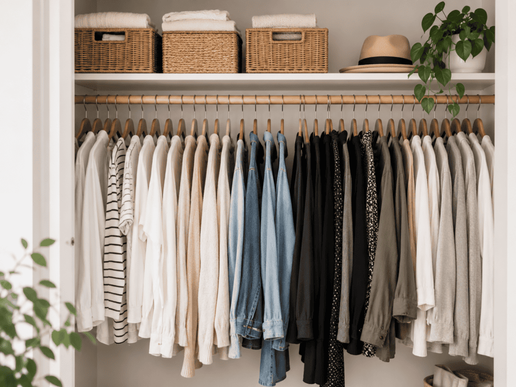 Minimalist closet with neutral clothes on wooden hangers, woven baskets on the upper shelf, and a green plant.