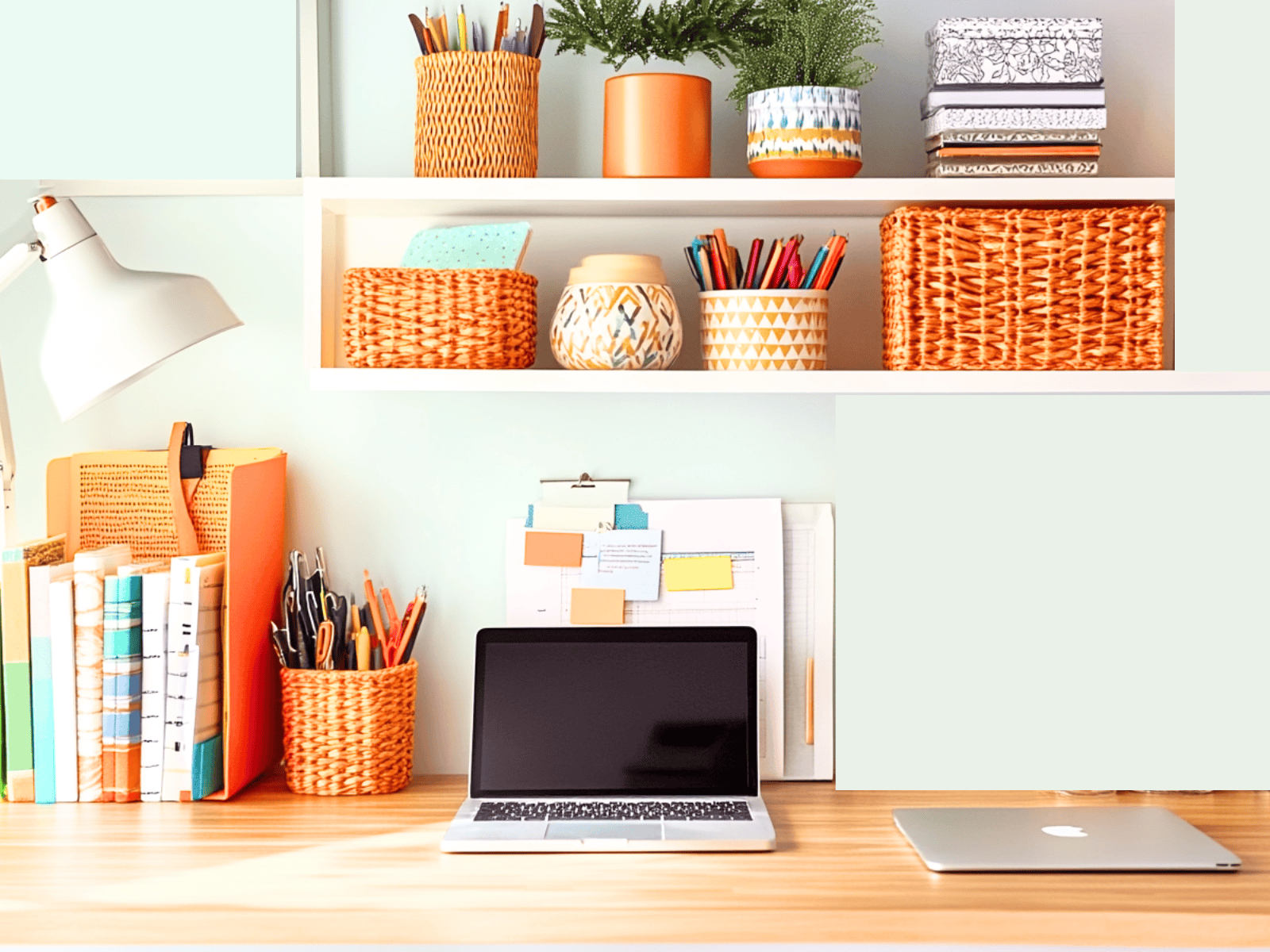 A desk with a computer, papers, and baskets