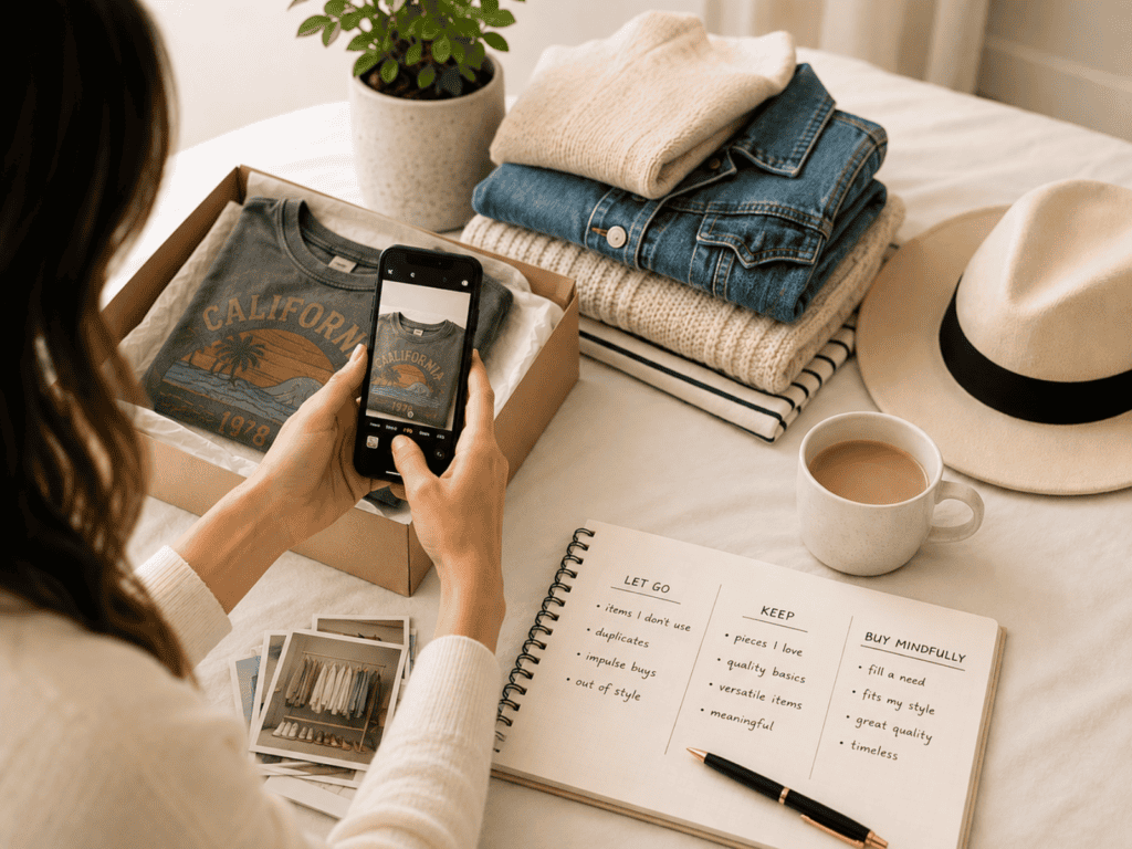 Woman photographing a vintage T-shirt with her phone while sorting clothes into keep, let go, and buy mindfully categories.