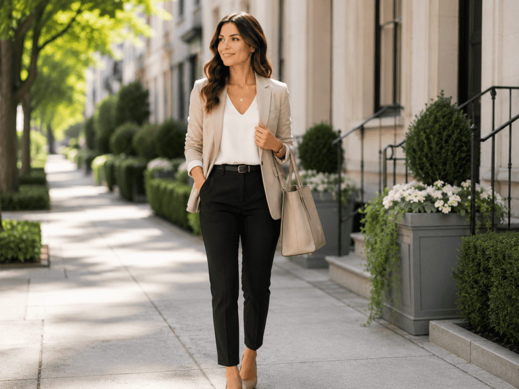 Woman wearing a beige blazer, white top, and black trousers while walking along a tree-lined city sidewalk.