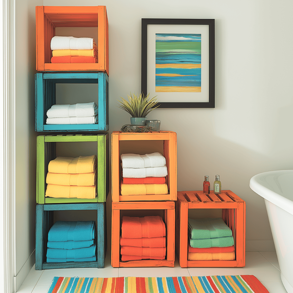 Wooden crates stacked on top of each other in a bathroom for storing towels