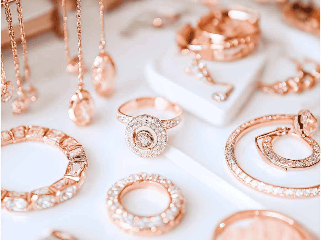 Several pieces of vintage jewelry laying on a white surface. A ring is the focal point of the jewelry.