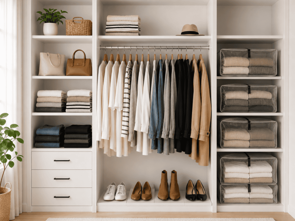 White organized closet with neutral clothing, folded sweaters, shoes, handbags, and off-season garments stored in clear zippered containers.