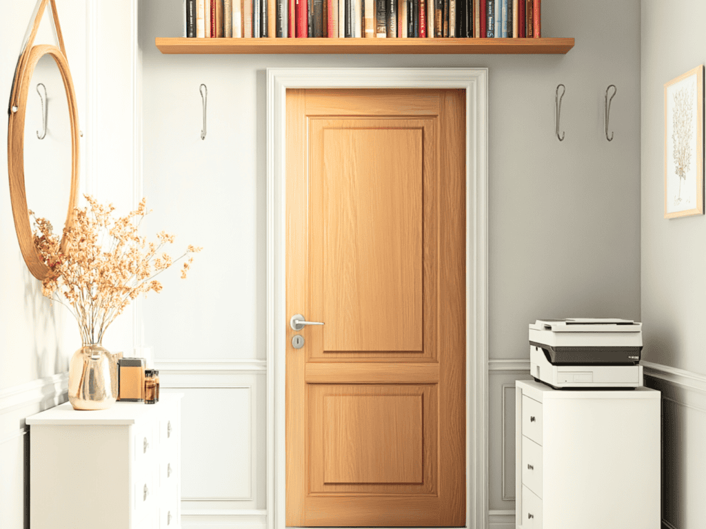 Bookshelf above a door in a small office