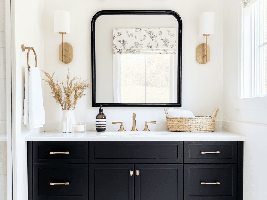 Small bathroom vanity with mirror and basket on it.