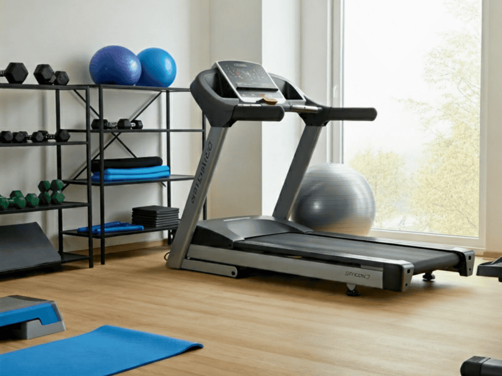 Home gym with treadmill, stability ball and shelves with dumbbells and yoga mats