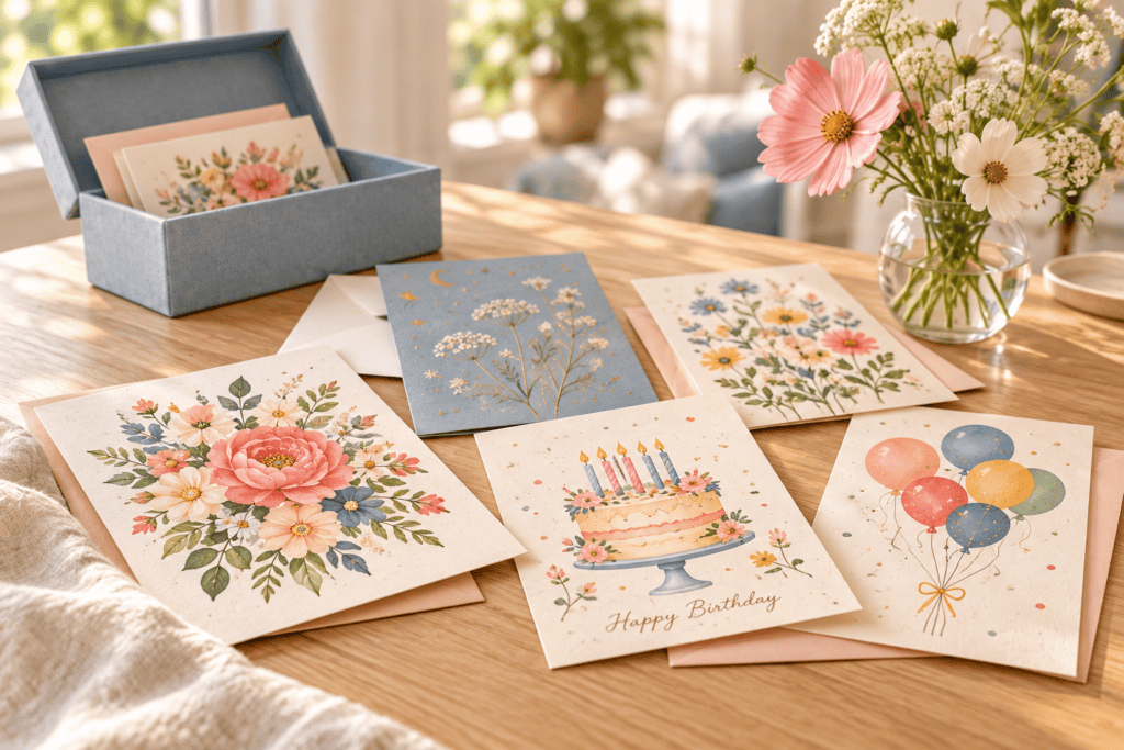 Floral birthday cards arranged for sorting beside a blue keepsake box and a vase of pink and white flowers.