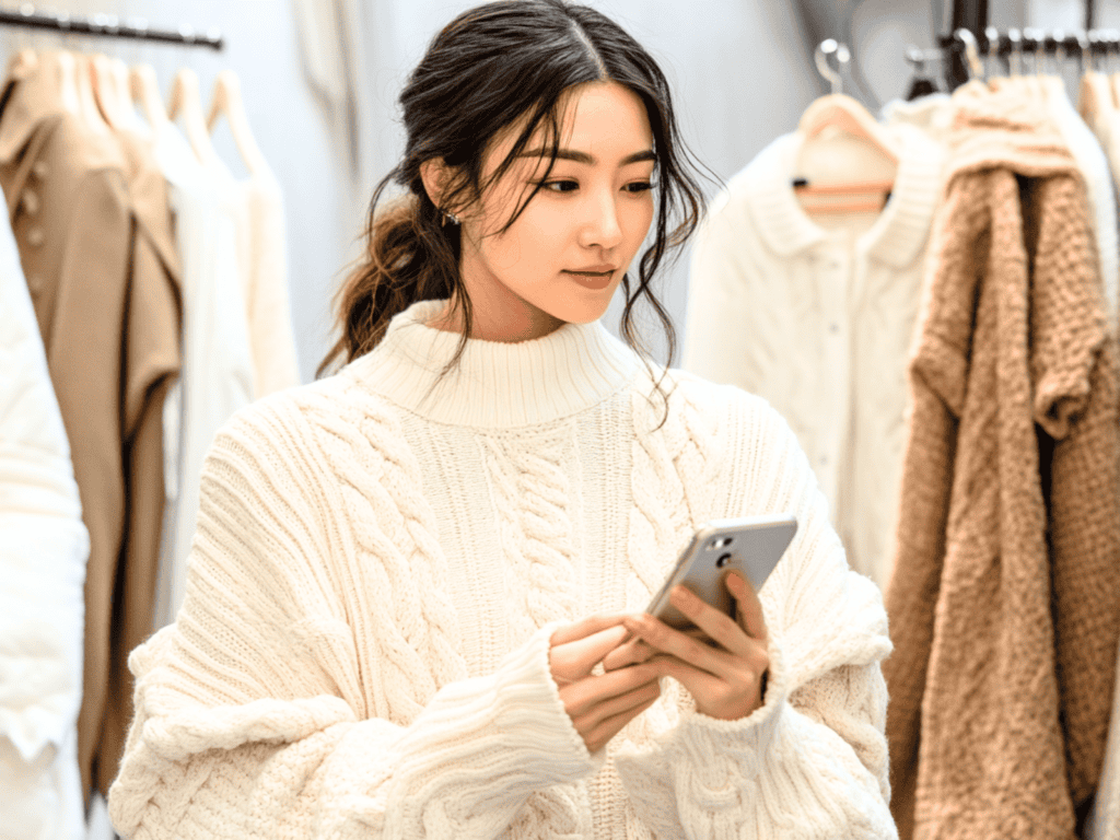 Woman holding a cellphone standing in her closet looking at her clothes