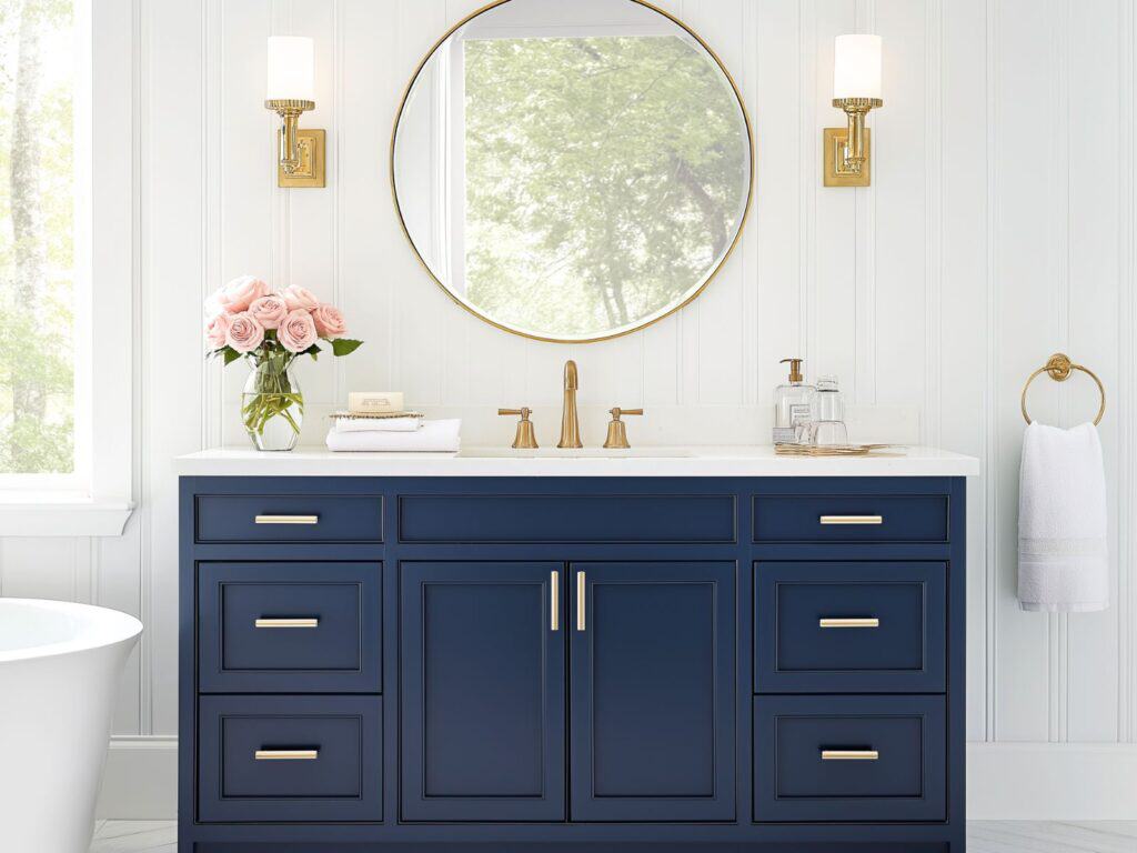 Blue bathroom vanity with a mirror and sconces above it