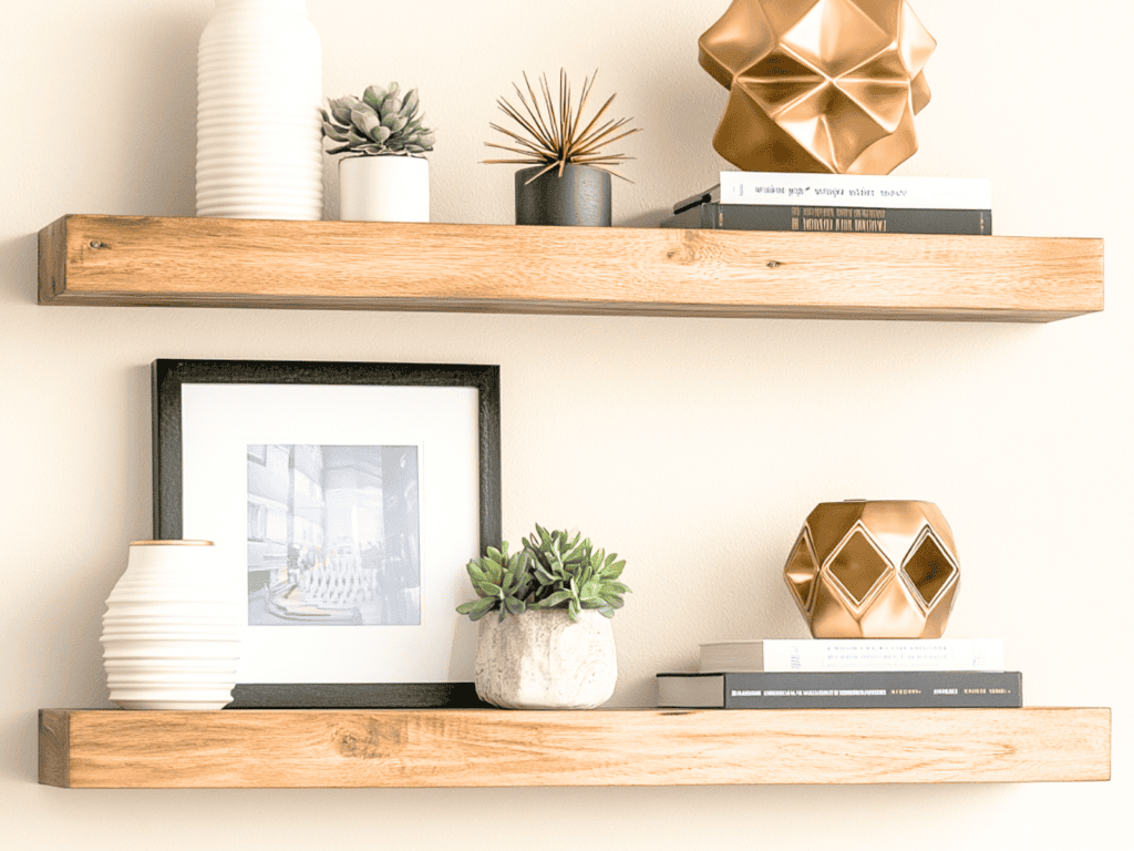 Two brown floating shelves with plants, picture framses and books