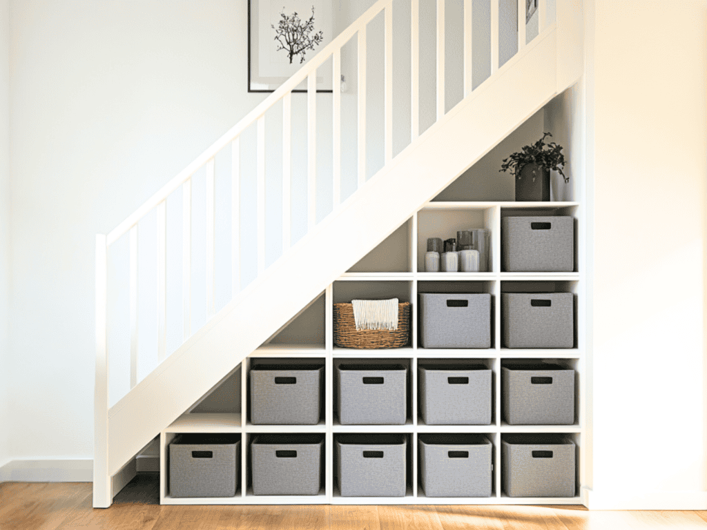 Shelving units under stairs with baskets and bins