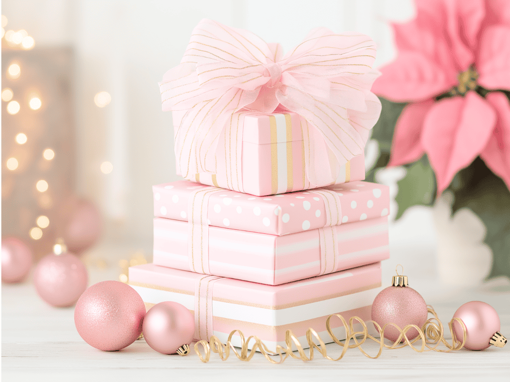 Three gift boxes are stacked in the center, wrapped in pink paper with white stripes and gold polka dots. The top box is adorned with a large, sheer pink bow and ribbon, while the middle box has a simple gold ribbon, and the bottom box has gold curly ribbon.