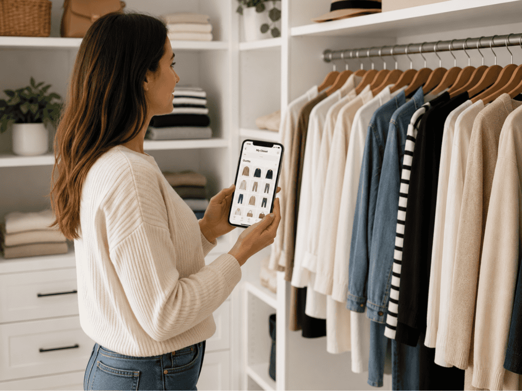 Woman holding a smartphone with a digital closet app while standing in front of an organized wardrobe with neutral clothing.