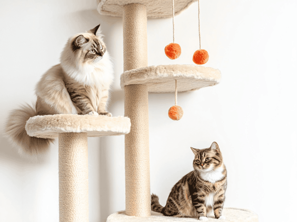 Two cats on a vertical cat tree