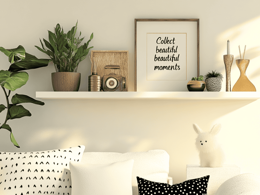 A floating shelf above a sofa with decorative items on it