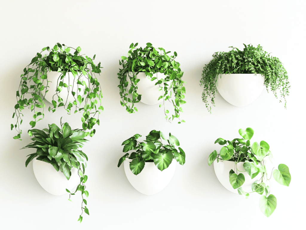 Six white wall mounted planters with plants in them