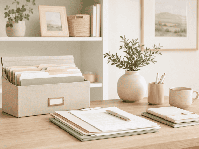 A home office with papers, filing box, pen and a vase on a desk. Neatly arranged bookcases are in the background.