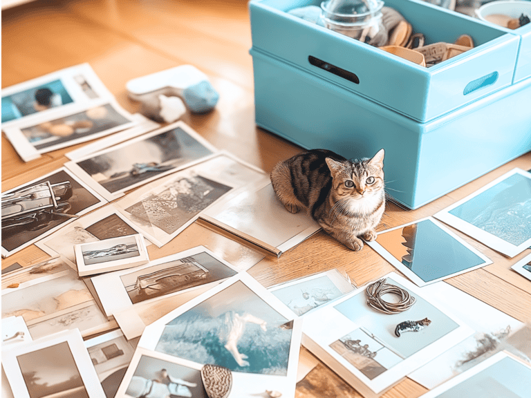 A cat laying on the floor beside pictures and a storage box.