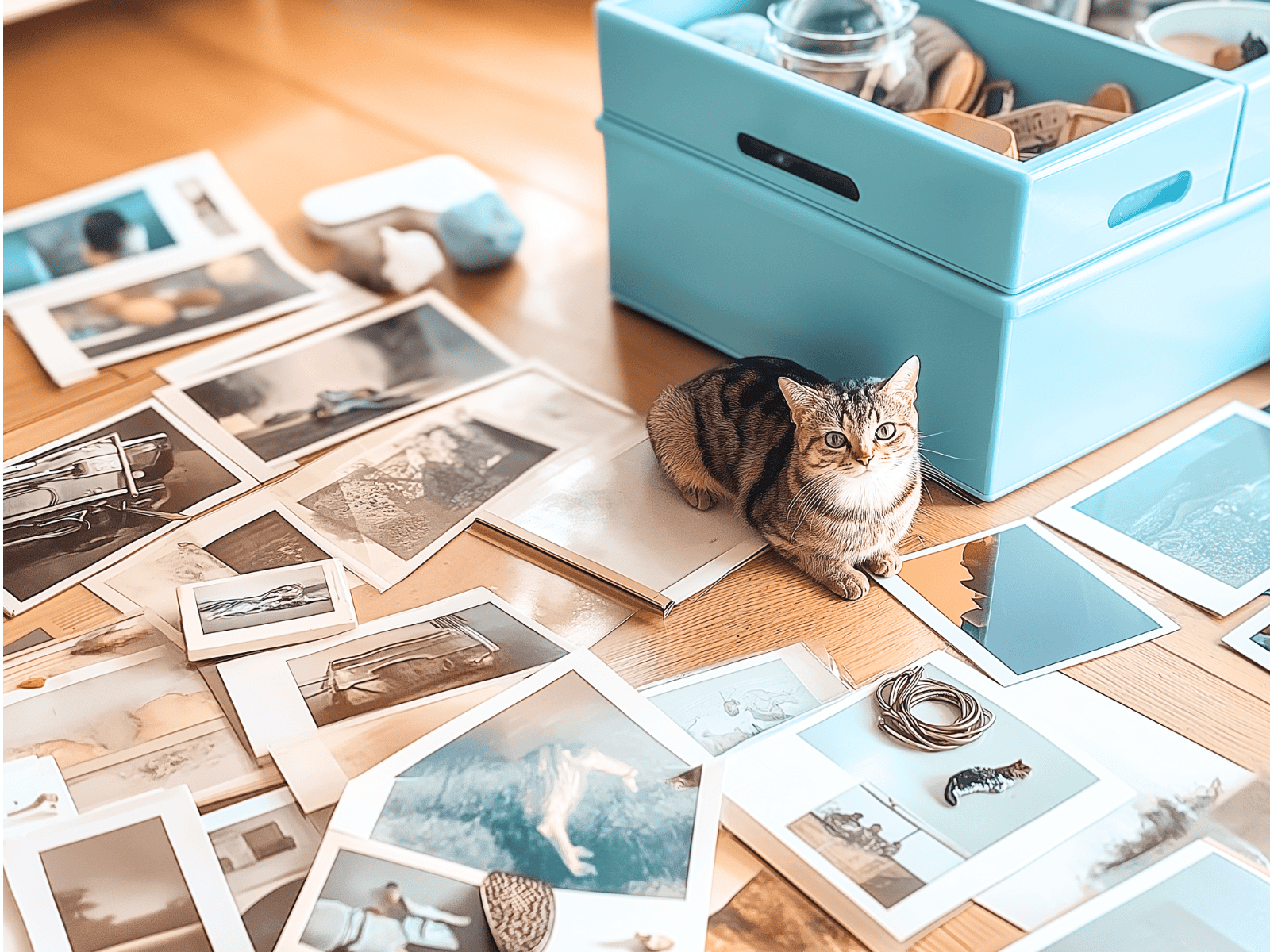 A cat laying on the floor beside pictures and a storage box.