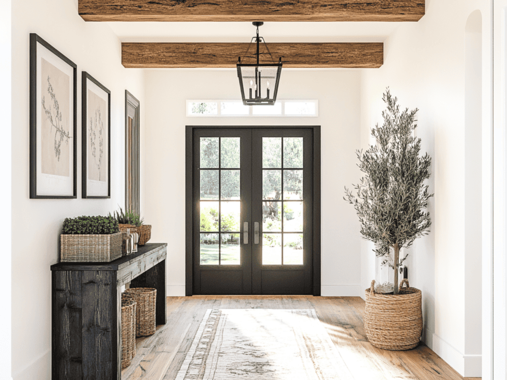 An entryway table with baskets on top and below it.