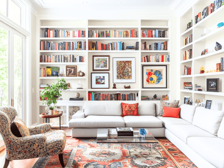 A white living room with a bookcase going floor to ceiling on two walls