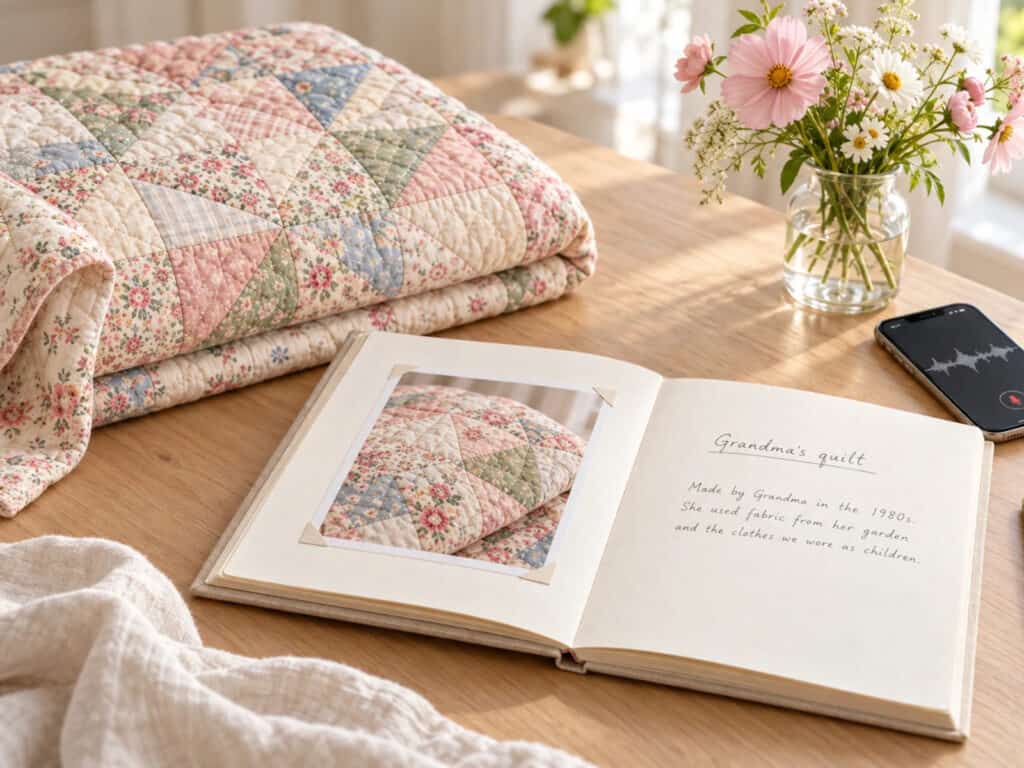 A pastel patchwork quilt beside an album with its photograph and handwritten story, pink flowers, and a phone showing an audio recording.
