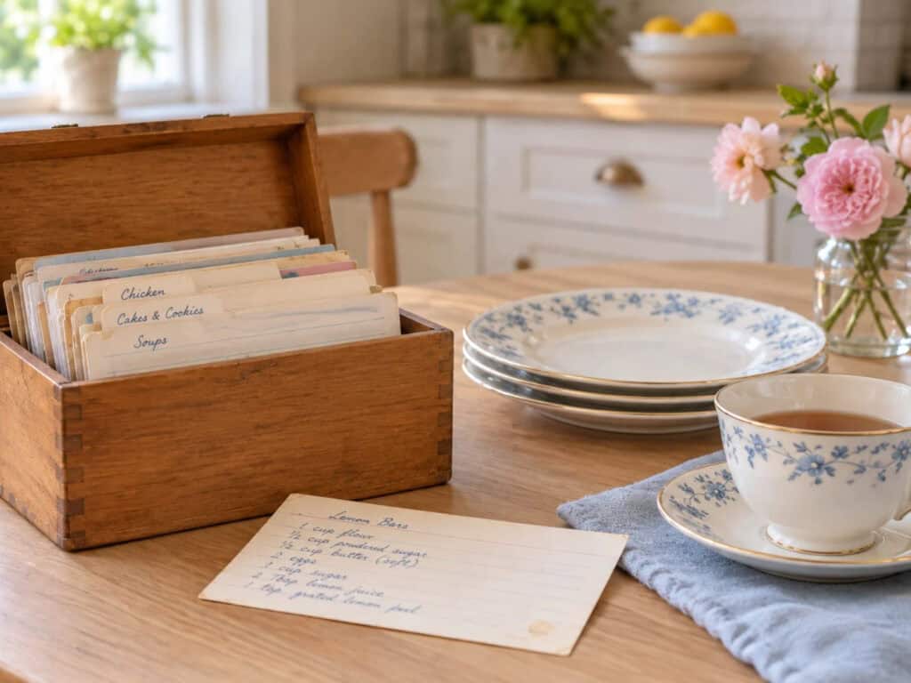 A wooden recipe box and handwritten recipe beside blue floral china and pink flowers on a kitchen table.