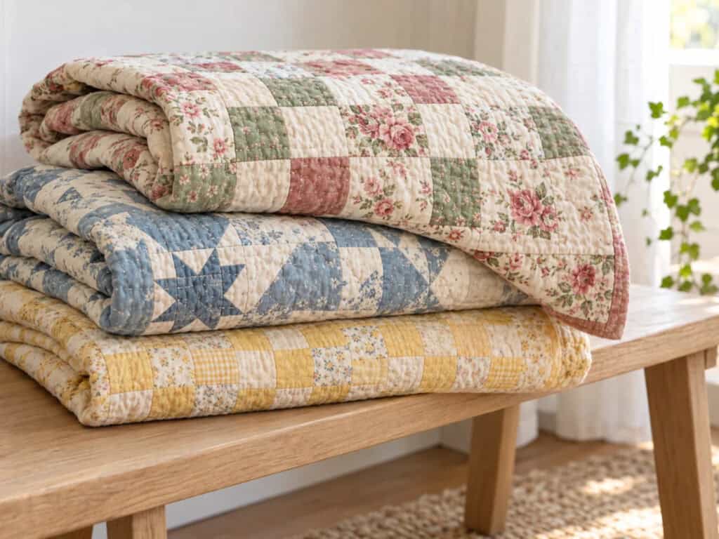 Three folded patchwork quilts in rose, blue, and yellow stacked on a wooden bench beside a window.